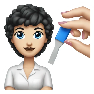 manicure master with a square of black hair,white skin,blue eyes in the hands of a nail file and nail polish sticker