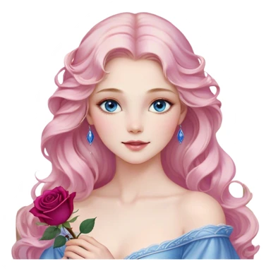 Cinematic Realistic Sleeping Beauty (Aurora) Portrait, with porcelain-like skin featuring a natural rosy flush, illuminated by soft lighting that highlights the gentle contours of her face. Her golden blonde hair flows in soft, detailed waves with subtle highlights that shimmer in the light. Her deep violet-blue eyes radiate warmth and innocence, framed by arched brows and long lashes. With a soft, serene smile, she holds a delicate rose gently in one hand, her other hand resting lightly by her side. She is dressed in her classic pink gown, the fabric rich in texture with delicate folds that catch the light. A golden crown rests atop her head, gleaming with royal refinement. The portrait captures a soft, glowing aura, blending realism with an ethereal sense of beauty and timeless enchantment. sticker