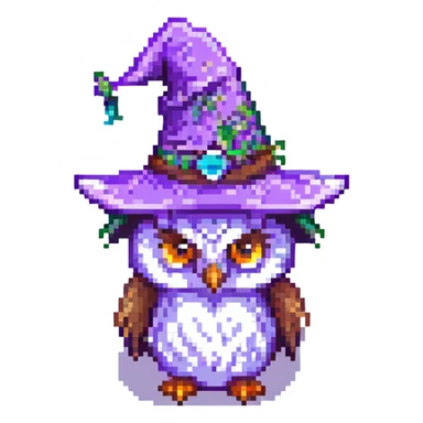owl with a purple wizard hat and stars pixel art sticker