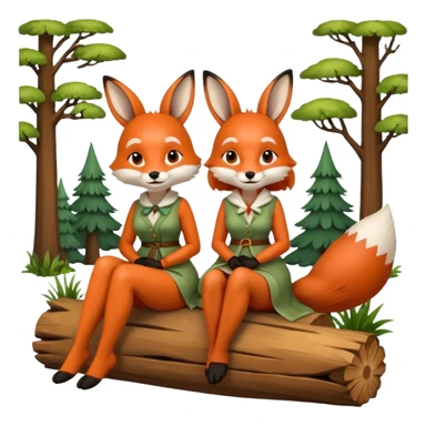 two forest women dressed as fox and rabbit sitting together on log sticker