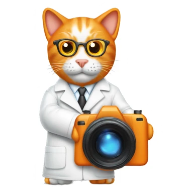Orange cat scientist taking a photo with a really big camera while wearing a lab coat sticker
