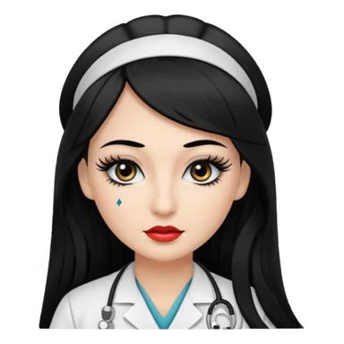 Nurse, long hair,black hair, black eyes, false eyelashes, makeup, eyeliner,  sticker