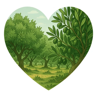 heart with a lush olive grove, clean digital illustration sticker
