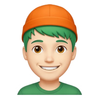 white guy with big smile, short green hair, orange cap worn backwards, street style fashion sticker