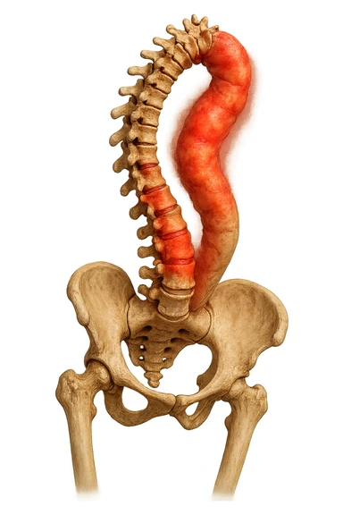 SPINA DORSALE STORTA E INFIAMMATA CON BACINO UMANO ANATOMICO REALISTICO INCLINATO, iperrealistica 4k sticker