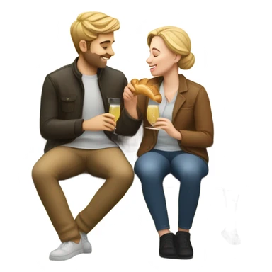couple of white people sitting closely on a park bench, enjoying a romantic moment. One person is holding a croissant, and the other is holding a glass of Prosecco sticker