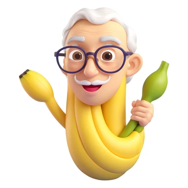 elderly banana with wrinkled peel, gentle face, cane, glasses, whimsical style, white background sticker