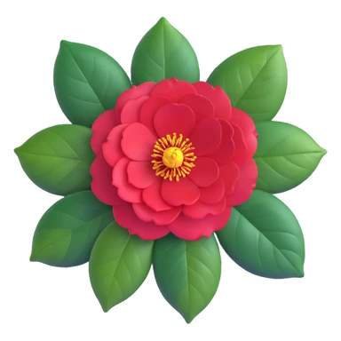 Detailed camellia japonica (tsubaki) flower with rich red formal double form petals, yellow stamens and shiny evergreen leaves sticker