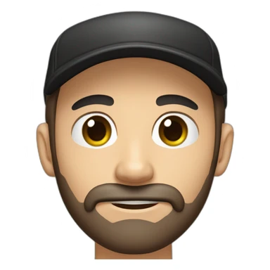 Man, thin face, dark brown beard, 10cm long, up to the nose, protruding ears, green eyes, beginning of unibrow, wearing black and red cap. sticker