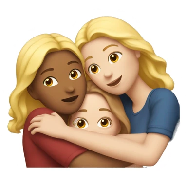 three woman hugging each other, one of them is blond, one brunette and one has red hair sticker
