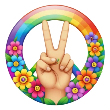A round psychedelic colored button with a hand making the peace sign in the center surrounded by rainbow colored hippie style flowers sticker
