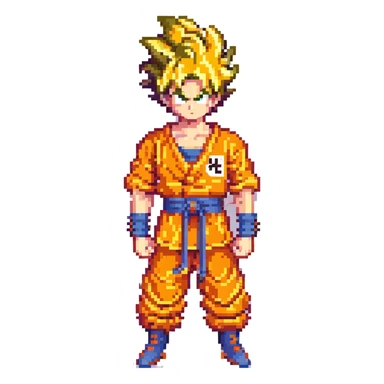 Son Goku, pixel art style, orange gi, spiky hair, classic video game look sticker