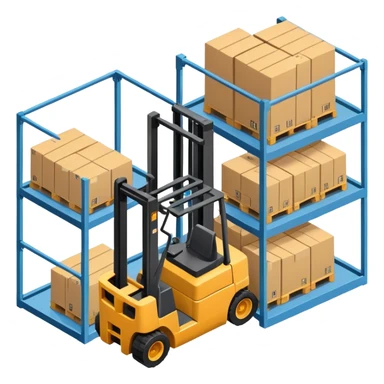 Isometric warehouse with forklift and storage racks inside, large cargo door sticker