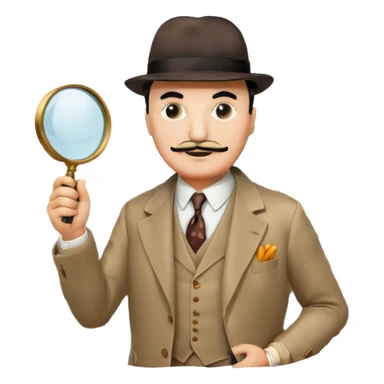 A cinematic-style frame showing Hercule Poirot in his iconic suit with a magnifying glass in a dramatic detective pose. Background should be mysterious city, a board with photos of suspects, clues like fingerprints. Transparent background. sticker
