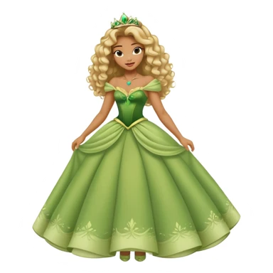 Disney Princess Tiana with extremely long blonde curly hair, green dress sticker