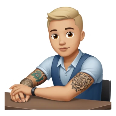 Man Working at a desk in love with a tattoo on his arm sticker
