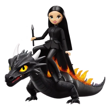 masked, empowered and glamorously dressed, Wednesday Addams Barbie Jedi flying the back of a very large black shiny evil-looking fire-spewing horned dragon. proper scale sticker