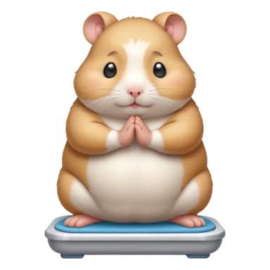 Cute chubby cartoon-style hamster standing on a bathroom scale, looking nervous with praying hands. Painterly shading, closed eyes, white background, sticker-style illustration sticker