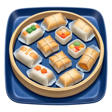 Warms Dim Sum pieces on a Japanese dark blue porcelain tray sticker