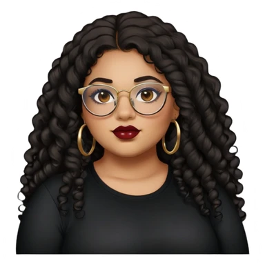 teen big plus size, latina, darker tan skin, gold hoops, long black curly hair, baddie,pretty, makeup, dark red lipgloss, black eyeliner, long hair, black shirt, BLACK glasses sticker