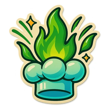 chef's hat explode with trails of fires, emoji, playful, magic flame green gradient, vibrant, flame matching style reference file sticker