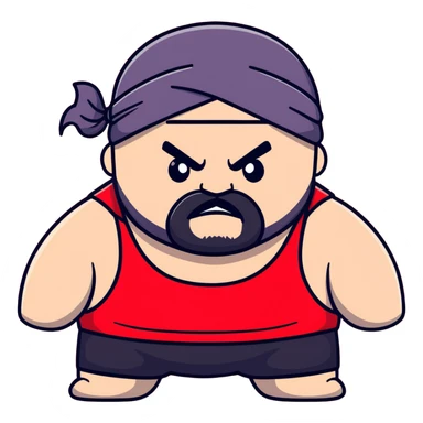 Close-up of extremely fat white skin guy with young face, prominent BLACK DURAG tied clearly on head, distinct black beard and mustache, no muscle, black eyes in a red and black wrestling singlet with angry face sticker