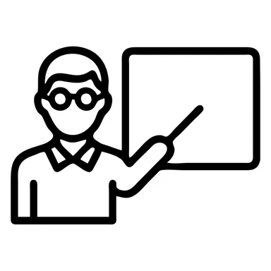 male teacher with glasses pointing at a white board, simple and clean lines, minimal color, outline icon style sticker