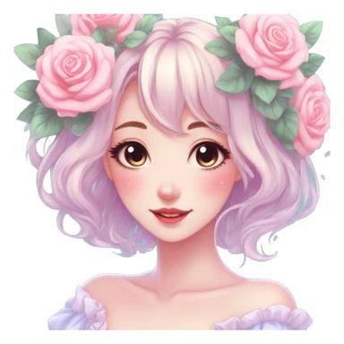 Gorgeous pastel anime style lady with blushing face and roses cottagecore fairycore pastelcore shiny colorful pearly petite simplistic aesthetic trending style sticker
