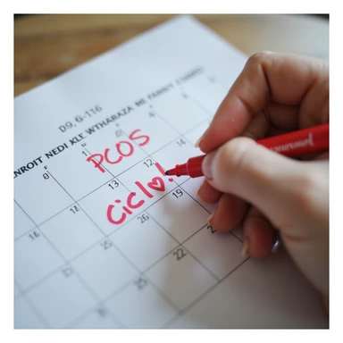 close-up of hands of a woman with PCOS marking the date of her period on a calendar with a red marker, with the word 'Ciclo!' and a heart, vertical 9:16, hyperrealistic 4K details sticker