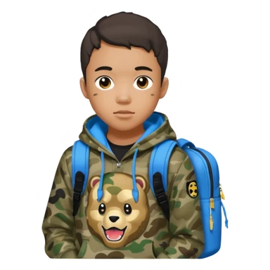blasian teenager with bape hoodie and sprayground backpack sticker