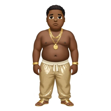 Biggie Smalls with ivory sequin baggy pants, shirtless with necklace sticker