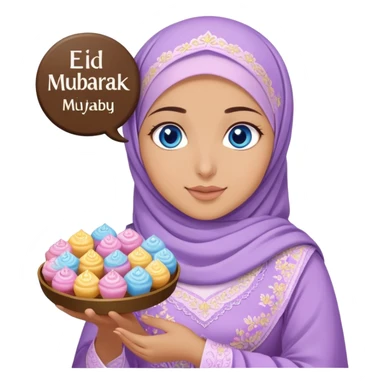 Turkish beautiful finish Konya girl blue eyes with lilac floral hijab islamic dress and had on her hand text Eid Mubarak with sweets and celebrating with her friends eid days   sticker