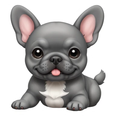 Gray French bulldog puppy, playing with a dark gray puppy sticker
