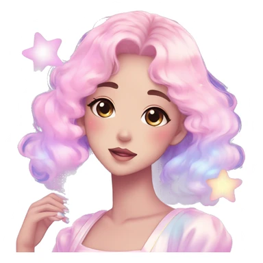 Gorgeous pastel anime style lady blushing nebula gradient sparkle face dreamy idol model colorful shiny stars galaxy kawaii cottagecore pearly petite simplistic aesthetic trending style sticker