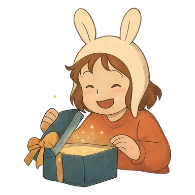 happy cutie girl in bunny hat opening a glittery gift box sticker