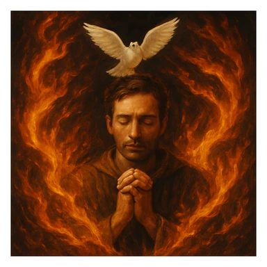 a person praying with a white pigeon and fire elements encircling them sticker