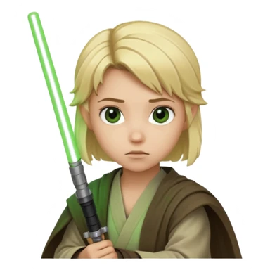 Young jedi with blonde hair holding a green lightsaber sticker