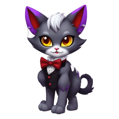 Anthro-Cute-Edgy-Vampiric-Batty-Cat-Black-Purple-Red-Grey-White-Yellow-Contrast-Colors-Fantasy-Fur-Sona-Chibi-Shiny-Fakémon-Hybrid with horns and big fangs collar bow ties leg spats full body sticker
