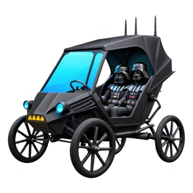 Mad max survival apocalypse ghostly sporty Darth Vader’s Batman-armored 1876 black graphite colored enclosed twin seat town buggy with horizontal holographic 3d stars painted on the body sides and neon under glow  sticker