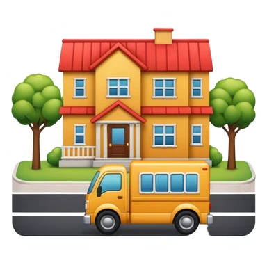 apple style emoji of a truck, package, house, and company building connected by street lines, clear layout, friendly look sticker