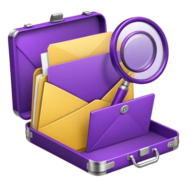 yellow (hex#FFD008) and purple (hex#8C52FF) emojis of a pin, a working case, a folder, a magnifier, an email, an envelope sticker