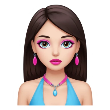 generate a pretty fair bratz girl with dark brown eyes, dark brown hair straight long. Wearing a hot pink halter neck top.  pink lipgloss. light blue eyeshadow sticker