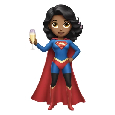 girl in a superwoman costume with black hair holding a champagne bottle sticker