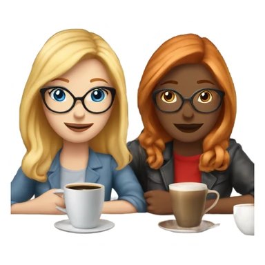 Two white girl friends one blonde in glasses blue eyes and one red headed with no glasses sitting in the coffee house drinking coffee sticker