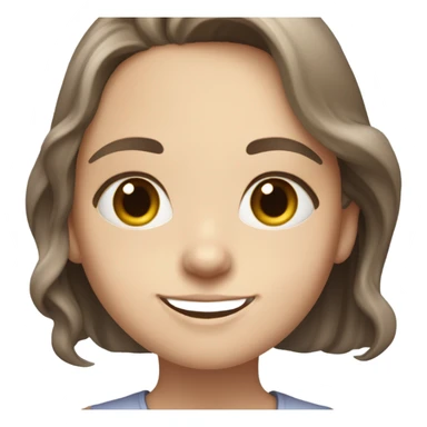 A white-skinned girl with slightly wavy brown hair just below her shoulders, gray eyes and a milky top smiles peacefully sticker