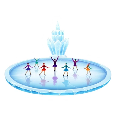 An icon of a theatrical ice show with costumed figure skaters performing a dramatic scene on a glowing ice stage. Spotlights, colorful scenery, and a cheering audience in a grand arena convey the magic and artistry of the ice performance. Transparent background included. sticker