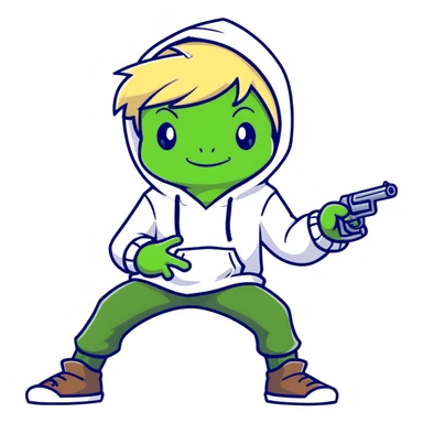 Create an animated boy with blonde hair wearing a frog hoodie, pointing a gun forward. Match the pose and style of the reference image but remove the watermark. Make it suitable for a Discord sticker style. sticker
