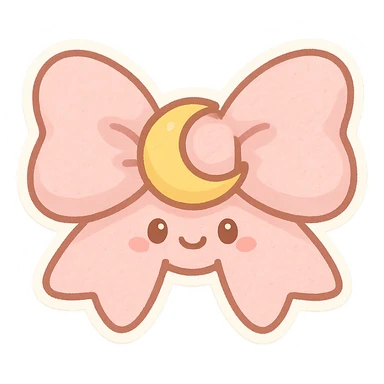 chibi style bow, pastel pink, soft fabric, cute and fluffy, kawaii style, moon motif sticker