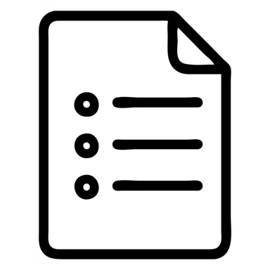 minimalistic bold black-and-white icon of a simple sheet of paper with three bullet points and horizontal lines, clean geometric lines, inspired by Netflix UI, square, flat, no gradients, vector style, suitable for dark and light mode sticker