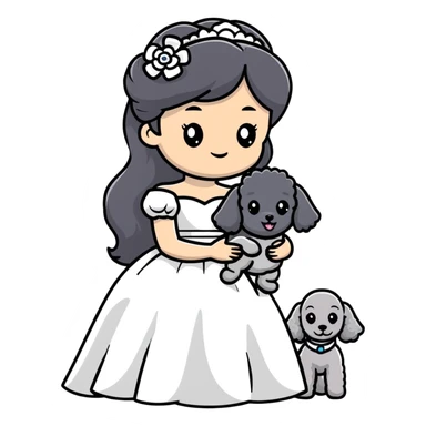 A beautiful girl with long black hair in a wedding dress holds a small gray poodle sticker